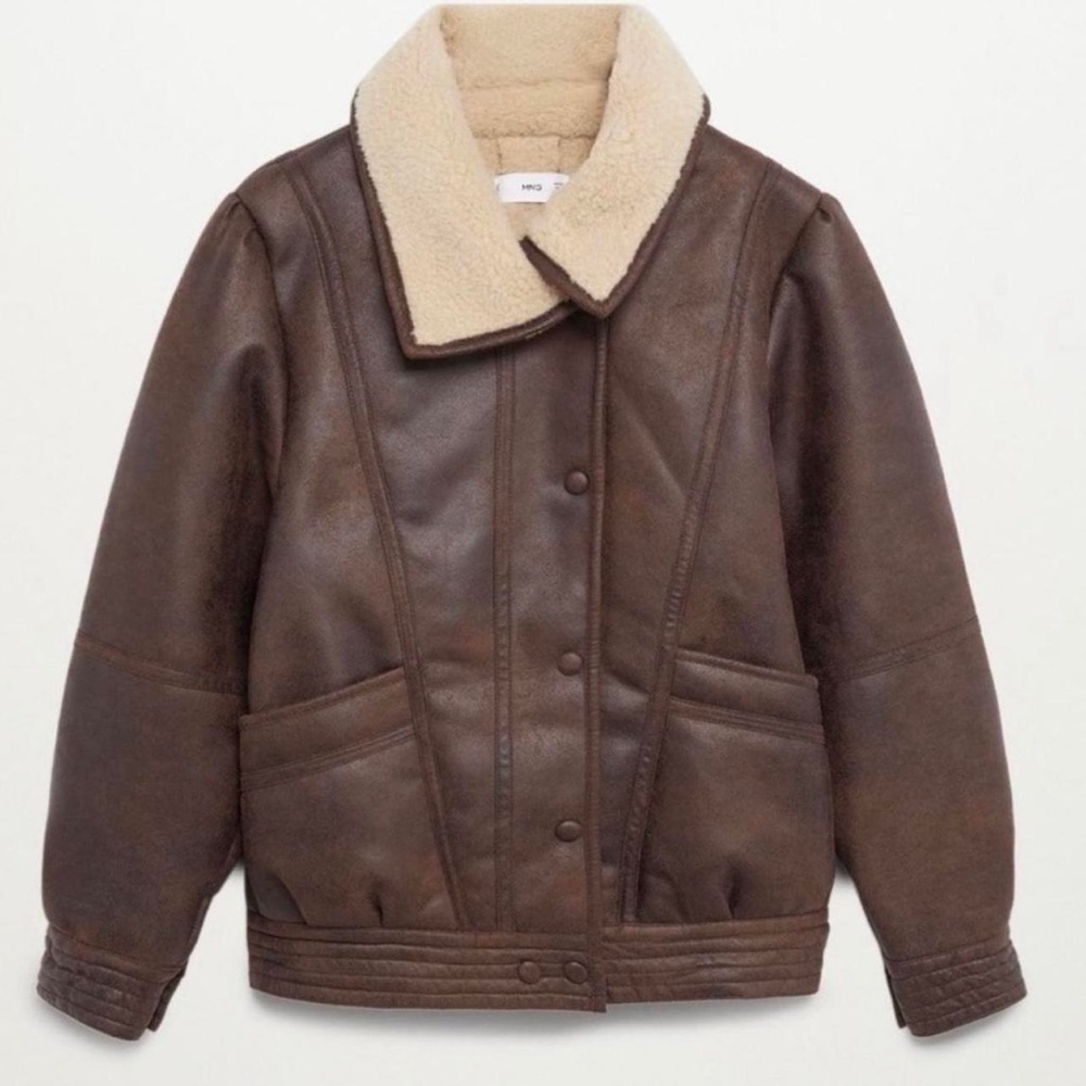Mango Brown Faux Leather Shearling-Trim Jacket